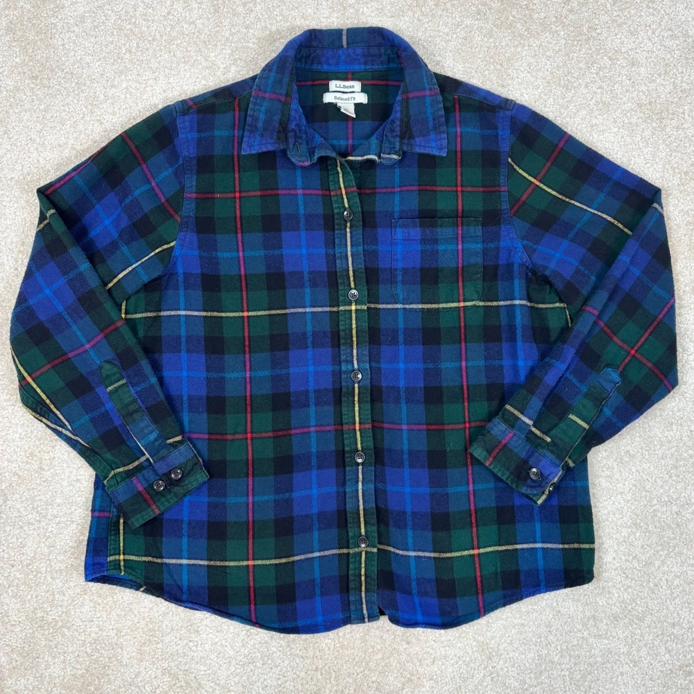 LL Bean Womens Relaxed Fit Flannel Shirt Blue Green Plaid Cotton Petite M 279326